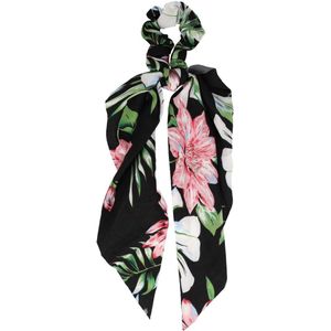 Haarsoires Haarelastiek Scrunchie – Bloemenprint – 25cm Linten – Gladde Stof – Roze Groen Zwart - Haarkrinkel - Haar Elastiek met Stof - Zacht & Haarvriendelijk