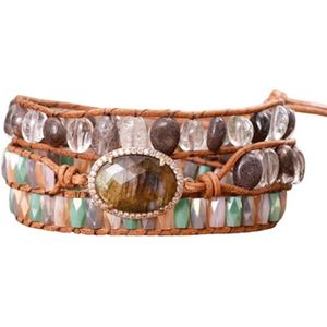 Marama - wikkelarmband Leer Grey Labradorite - dames armband - Labradoriet - 50 cm - cadeautje voor haar