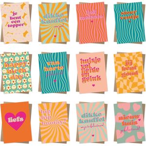 12x hippe gekleurde kaartjes (13x18 formaat) in RETROLOOK - kaartjes om te versturen-kaartenset-kaartjes blanco-kaartjes met tekst-wenskaarten