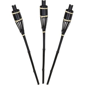 Pro Garden Tuinfakkels voor lampenolie - 4x stuks - zwart - bamboe hout - navulbaar - 65 cm - tuinkaarsen