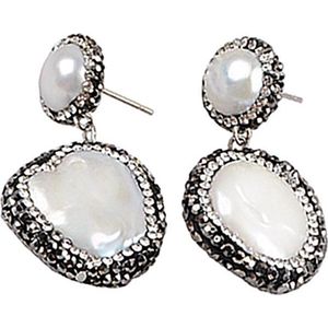 Zoetwater parel oorbellen Double Bling Coin Pearl - oorstekers - echte parels - wit - zwart - stras steentjes