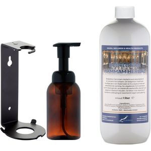 Zeepdispenser 300 ml amber bruin hervulbaar + 1 liter Bodylotion Hammam Herbal navulling (inclusief beugel)
