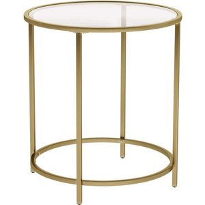 VASAGLE bijzettafel rond, glazen tafel met gouden metalen frame, kleine salontafel, nachtkastje, bankstel, balkon, robuust gehard glas, stabiel, decoratief, goud