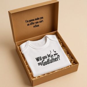 Aanzoek Peetoom | Godfather | | Godfather stijl | baby | Rompertje “Do you want to be my godfather?” – in luxe cadeaudoosje met tekst “I will give you an offer you can’t refuse” – Origineel peetvader cadeau – Baby announcement cadeau