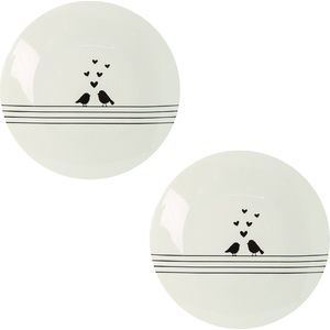 HAES DECO - Dinerborden set van 2 - Formaat Ø 26x2 cm - kleuren Wit|Zwart - Bedrukt Porselein - Collectie: Love Birds - Servies, grote borden