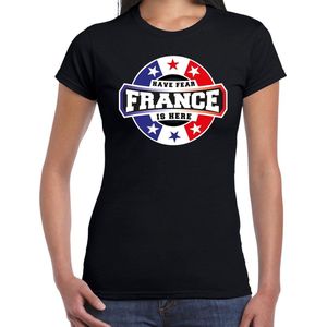 Have fear France is here t-shirt met sterren embleem in de kleuren van de Franse vlag - zwart - dames - Frankrijk supporter / Frans elftal fan shirt / EK / WK / kleding L