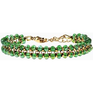 Dubbele Armband Dames - Groene Kralenarmband - Verguld RVS - Gefacetteerde Kristallen - Verstelbaar