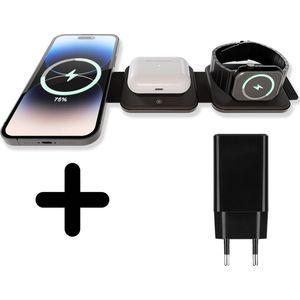 Coverzs 3 in 1 Travel Charger geschikt voor Apple iPhone / Apple Watch / AirPods - Oplader draadloos - iPhone Oplader met kabel - USB A naar USB C - Opvouwbaar Docking station - Vouwbaar Oplaadstation - GSM lader Qi station met meegeleverde adapter