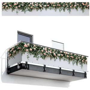 Balkonscherm 500x75 cm - Balkonposter Bloemen - Muur - Rozen - Groen - Balkon scherm decoratie - Balkonschermen - Balkondoek zonnescherm