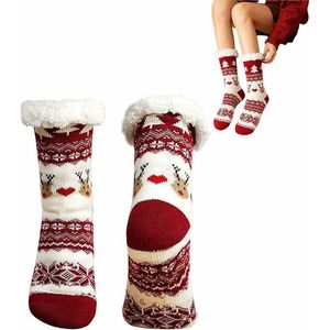 1 paar Dames antislip pantoffels en sokken - Verdikt warm ontwerp - Winter fleece sokken - Warme sokken voor thuis - 41 cm - Dagelijkse binnenkleding voor dames - Rood en wit