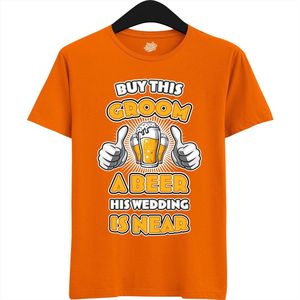 Buy This Groom A Beer | Vrijgezellenfeest Cadeau Man - Groom To Be Bachelor Party - Grappig Bruiloft En Bruidegom Bier shirt - T-Shirt - Unisex - Oranje - Maat S