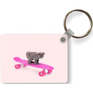 Sleutelhanger - Poes - Kitten - Dieren - Skateboard - Roze - Uitdeelcadeautjes - Plastic
