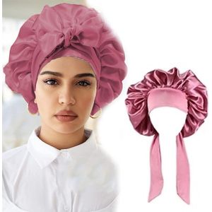 Satijnen Haarmuts voor Dames - Omkeerbare Bonnet voor Krullend Haar - Dubbellaagse Slaapkap - Lotusroze
