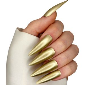SD Press on Nails - B97 - Plaknagels met nagellijm - XL Stiletto - Metallic Goud - Set 20 Nagels - Cosplay - Nepnagels - Valse Nagels - Extreem lange nageltips - Nail Art - Handgemaakt - Nagellak - Gellak