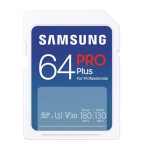 Samsung PRO Plus SD Kaart – 64 GB – UHS-I U3 V30 – Leessnelheid 180 MB/s, Schrijfsnelheid 130 MB/s – Geschikt voor 4K Video en DSLR