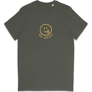 Grappig Heren Dames T Shirt So What? Nou En? - Minimalistische Smiley Print - Khaki Groen - XS