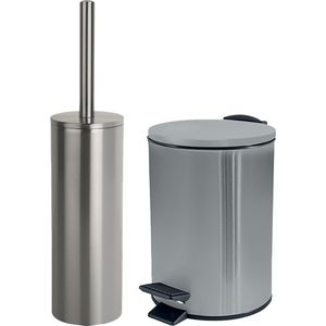 Spirella Badkamer/toilet accessoires set - WC-borstel en pedaalemmer 5L - metaal - zilver