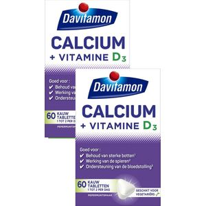 Davitamon Calcium met vitamine D3 - Pepermuntsmaak - Calcium voor behoud van sterke botten - Voedingssupplement - 2 x 60 stuks - BUNDEL