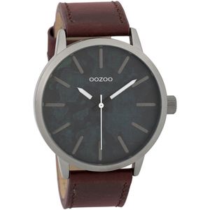 OOZOO Timepieces - Titanium horloge met roodbruine leren band - C9603