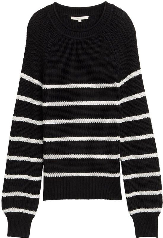 Tom Tailor Denim - Gebreide Trui - Placed Black White Stripe - Met Breistructuur