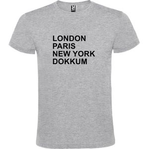 Grijs t-shirt met "" London, Paris , New York, Dokkum "" print Zwart size XXL