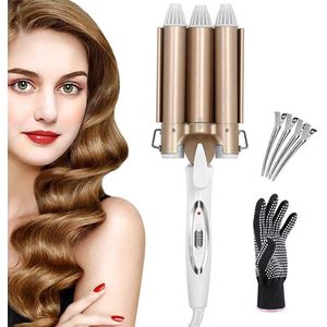 DailySupplies® Wafeltang – Wafeltang Voor Dik en Dun Haar – Wave Tang Voor krullen – Krultang met Handschoenen – Met Haarspelden - Wit met Brons