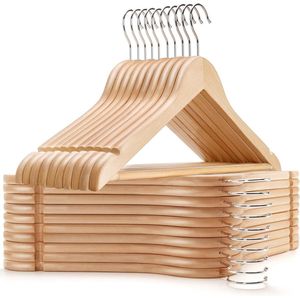 Pak van 20 44,5 cm natuurlijke houten kleerhangers met staaf en groef, robuuste hanger voor T-shirt overhemd pak jas jurk bruiloft top met bandjes