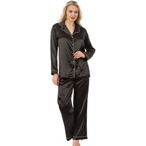 Satijn Dames Pyjamaset- Luxe Pyjama- Nachtkleding Zwart Maat S