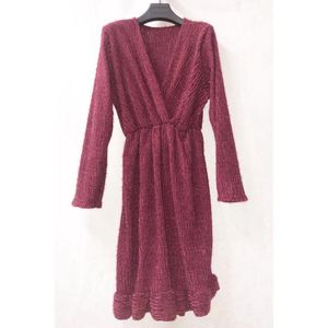 Mooie zachte jurk - dames - V hals - lange mouwen - kniehoogte - Burgundy - one size (38-42)