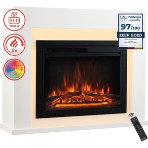 KAMINIO Elektrische haard MATTI - Elektrische staande haard met verwarming, 3D-vlammeneffect, LED-sfeerverlichting, afstandsbediening - Wit