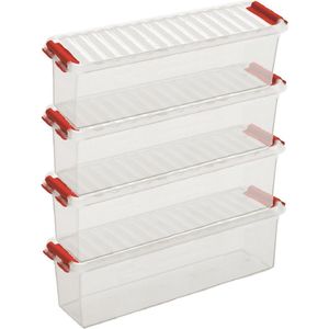 6x Sunware Q-Line opberg boxen/opbergdozen 1,3 liter 27 x 8,4 x 9 cm kunststof - Langwerpige/smalle opslagbox - Opbergbak kunststof transparant/rood