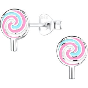 Joy|S - Zilveren lolly oorbellen - 7 x 9 mm - roze turquoise wit - kinderoorbellen