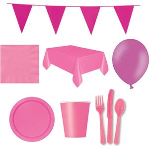 Feestpakket bestek 204-delig (24 personen) - Feest bestek Roze (Donker) - 2x Tafelkleed Feest - 40 Kartonnen bordjes - 72x bestek - 20 ballonnen - 1 Vlaglijn groot - 1 Vlaggenlijn klein - 28x Bekers karton wegwerp - 40x Papieren Servetten - Roze