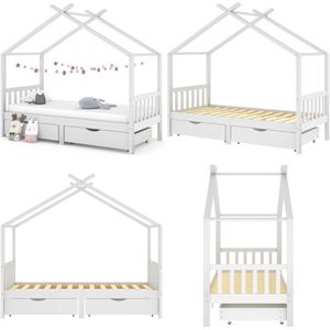 vidaXL Kinderbedframe met lades massief grenenhout 90x200 cm wit - Kinderbedframe - Kinderbedframes - Bed - Bedden
