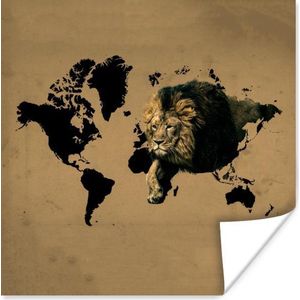 Poster Wereldkaart - Leeuw - Bruin - 30x30 cm