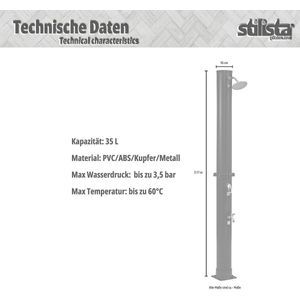 STILISTA Buitendouche - Solar - Tuindouche - Campingdouche - 35 Liter - Hoogte 217 cm - Zilver - Zwart