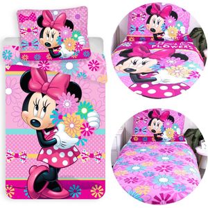DISNEY Minnie Mouse Roze, DUBBELZIJDIG, kinderbeddengoed, met bloemenprint, met rits, 100% KATOEN 140x200+50x70cm OEKO-TEX