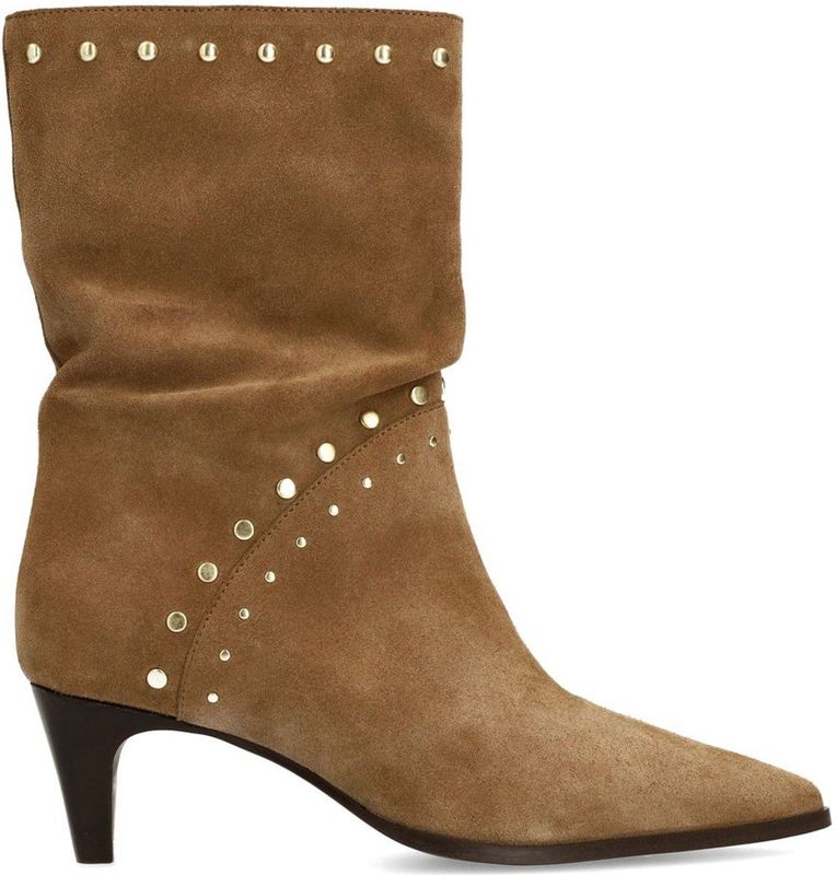 Manfield - Beige Suède Laarzen - Dames - Met Studs - Slanke Hak 6 cm