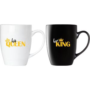 BRUBAKER Koffiemokken Haar Koning & Zijn Koningin met Wenskaart - Koppel Koffie Mokken Zwart en Wit - 300 ml Mokken Gift Set - Mokken Set in geschenkverpakking