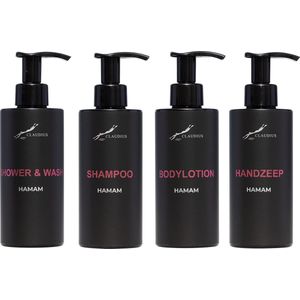Compleet pakket Hamam - Shower & Wash + Shampoo + Bodylotion + Handzeep - 300 ml per fles - complete set van 4 stuks - bodycare - luxe fles - Cadeau