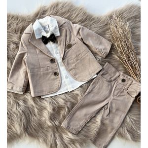luxe jongens kostuum-kinderpak- kinderkostuum-4 delige set - beige blazer, witte hemd, beige kostuumbroek ,vlinderstrik -bruidsjonkers-bruiloft-feest-verjaardag-fotoshoot-maat 80 (12-18 maanden)