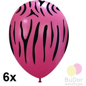 Ballonnen met zebra print, pink/zwart, 6 stuks, 30 cm