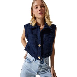 Happinessistanbul Blauw, Stijlvol Cropped Tweedvest Met Knopen Voor Dames Wf00068