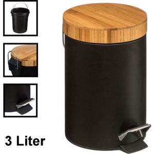 Decopatent® Pedaalemmer 3 liter - Met Bamboe Houten Deksel - Pedaalemmer 3L - Prullenbak - Keuken toilet - 17Øx25.5 Cm - Mat Zwart