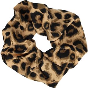 Haarsoires Haarelastiek Scrunchie – Panterprint – Gladde Stof – Zwart Beige - Haarkrinkel - Haar Elastiek met Stof - Zacht & Haarvriendelijk