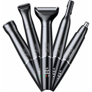 Neustrimmer - 5-in-1 oplaadbare - Neus- en oorhaartrimmer - IPX7 waterdicht - Trimmingset met twee mesjes, unisex, voor het verwijderen van neushaar, wenkbrauwen, baard, bikinilijn en gezichtshaar (zwart)