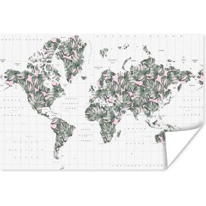 Poster Wereldkaart - Planten - Roze - 180x120 cm XXL