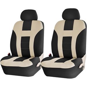 Autostoelhoes voor de voorstoel, ademend polyester, wasbaar en elastisch, autostoelbeschermer met afneembare hoofdsteun, geschikt voor de meeste bestelwagens, vrachtwagens en SUV's (zwart/beige)