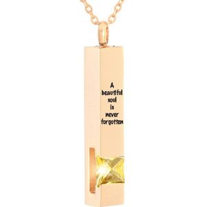 Luxe Ashanger | Met Ketting En Gravering | A Beautiful Soul Is Never Forgotten | Assieraad | Rosegoudkleurig Met Gele Steen | As Ketting | Gedenksieraad | Urn | Incl. As vuller