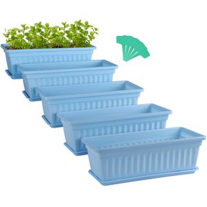TheLau ® Rechthoekige Bloempotten Set met Drainagesysteem en Labels voor Kruiden en Sierplanten, 5 Stuks, Hemelsblauw